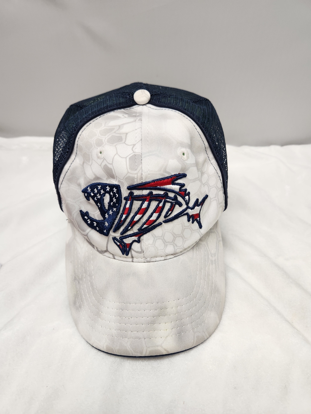 White and Navy Trucker Hat with Patriotic Fish Accent